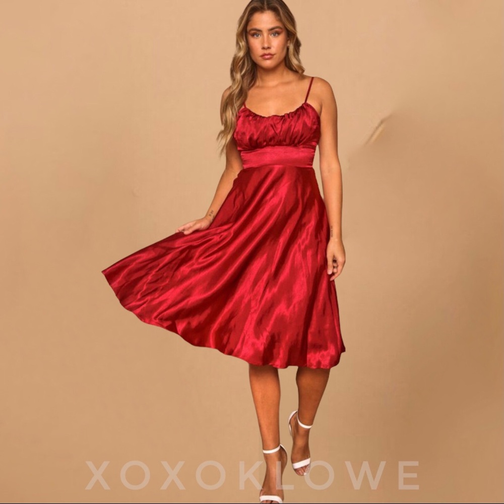 Burgundy Satin Midi Dress Spaghetti Straps Ruched Christmas
